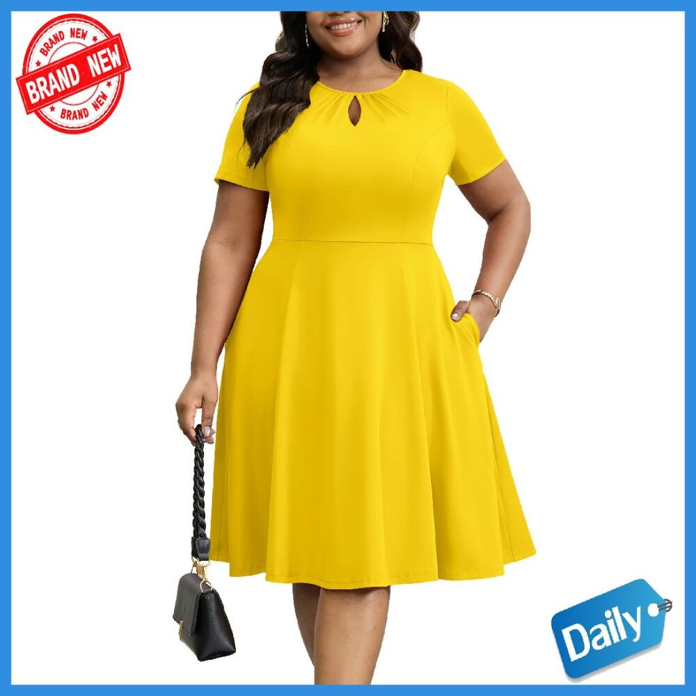 Plus Size Midi Dress With Pockets - A-Line Keyhole Neck Casual Work Church